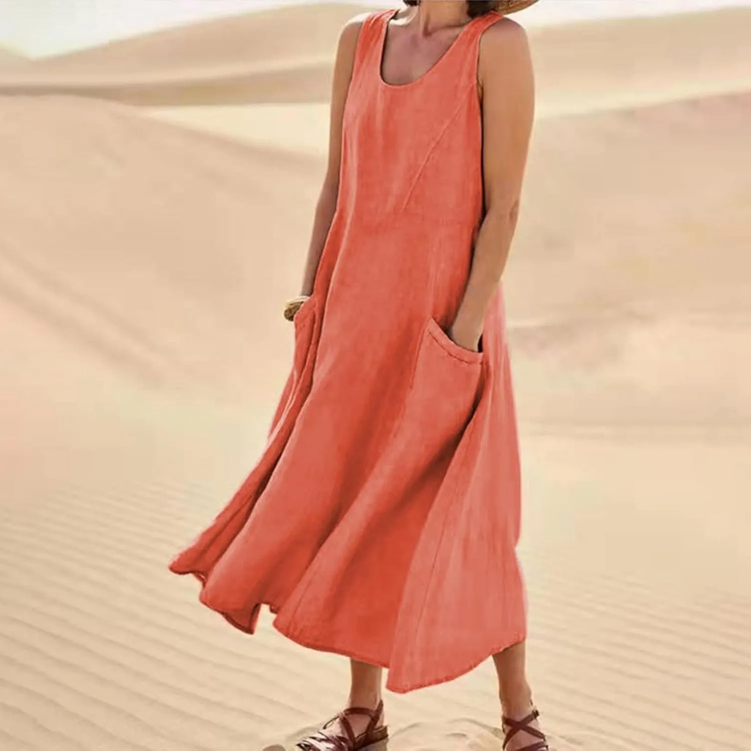 Linen Dresses for Women Casual Summer Comfy Cotton Sundresses Beach Vacation Sleeveless Loose Maxi Dress with Pocket