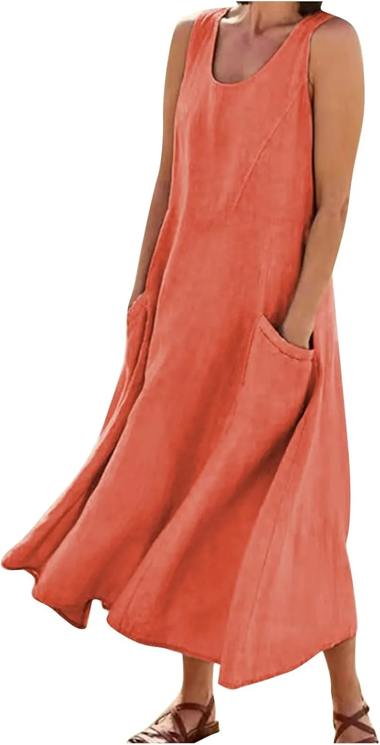 Linen Dresses for Women Casual Summer Comfy Cotton Sundresses Beach Vacation Sleeveless Loose Maxi Dress with Pocket