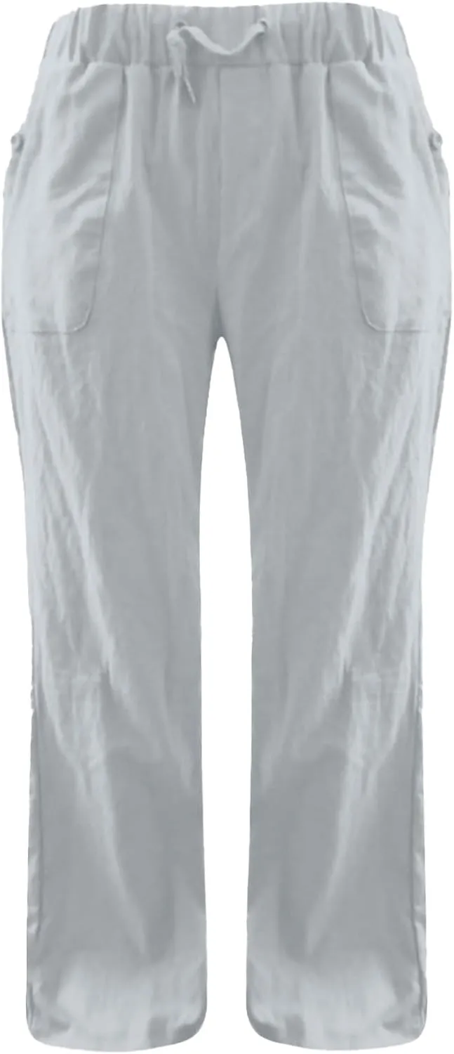 Linen Pants for Women Solid Elastic Pants Long Drawstring Linen Women Waist Summer Vacation High Waist Wide Leg