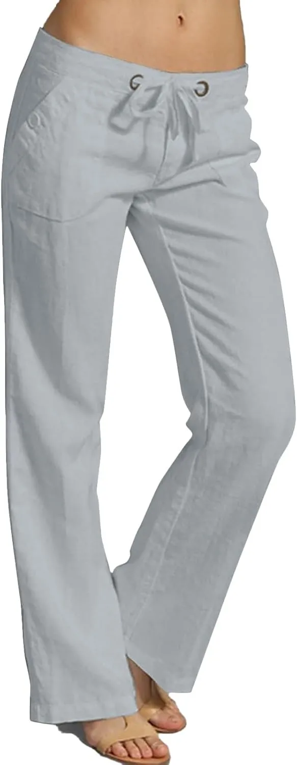 Linen Pants for Women Solid Elastic Pants Long Drawstring Linen Women Waist Summer Vacation High Waist Wide Leg