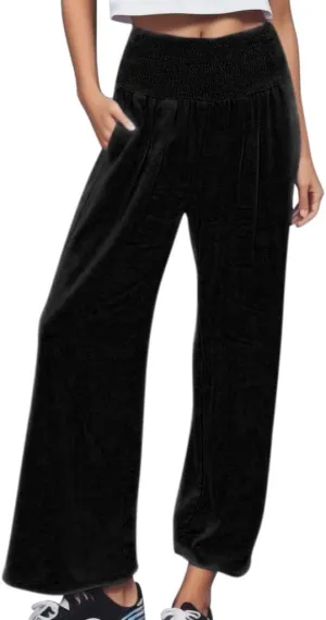 Linen Pants for Womens High Elastic Waist Wide Leg Trousers 2025 Summer Baggy Comfy Hiking Jogger Pants with Pockets