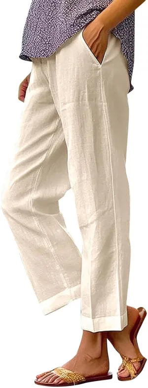 Linen Pants Straight Solid Elastic Pants Long Drawstring Linen Women Waist Cotton 2025 Beach Travel Vacation Outfits