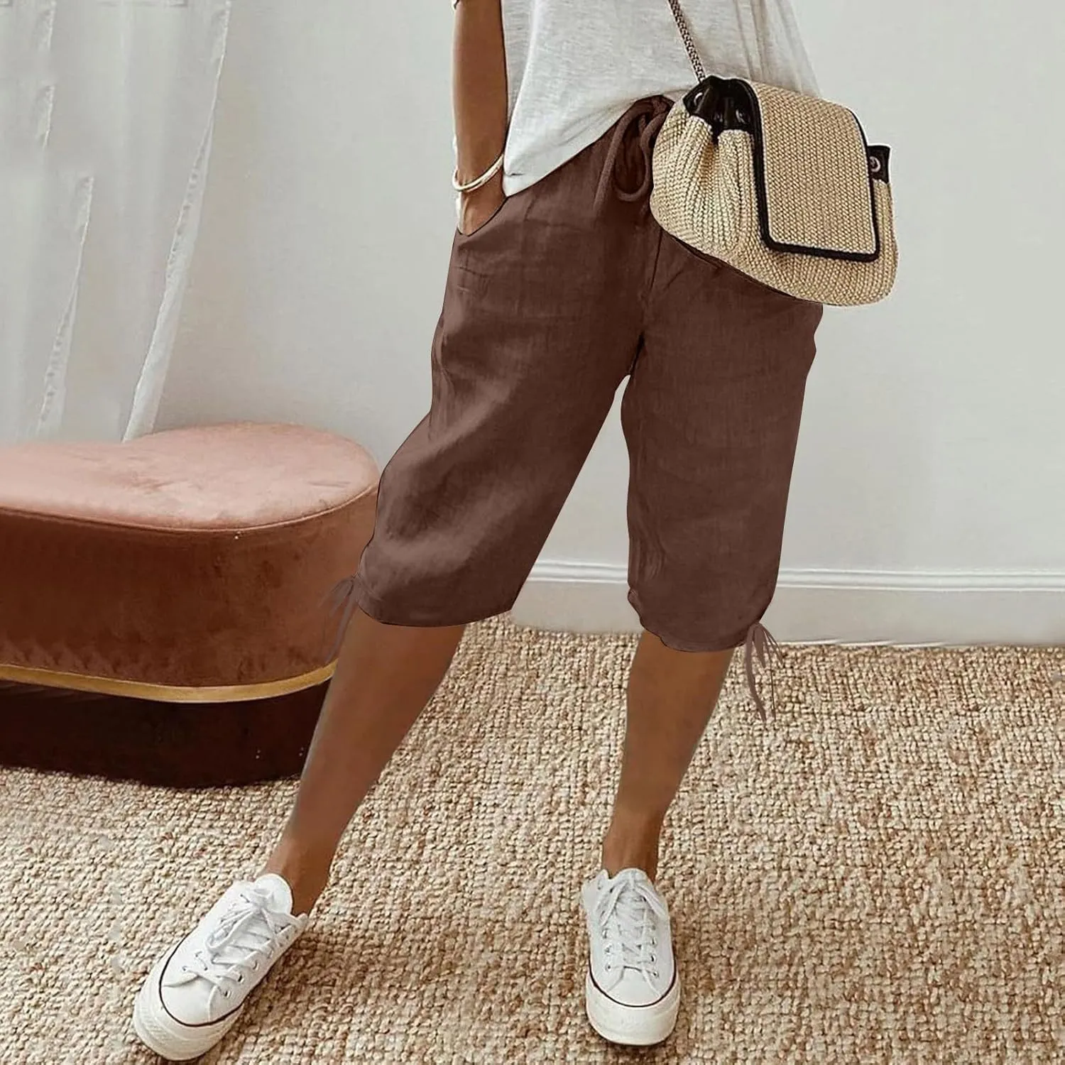 Linen Pants Women Summer Pants Ladies Loose Drawstring Casual Solid Color Shorts Wide Leg Casual Cotton Linen Pants