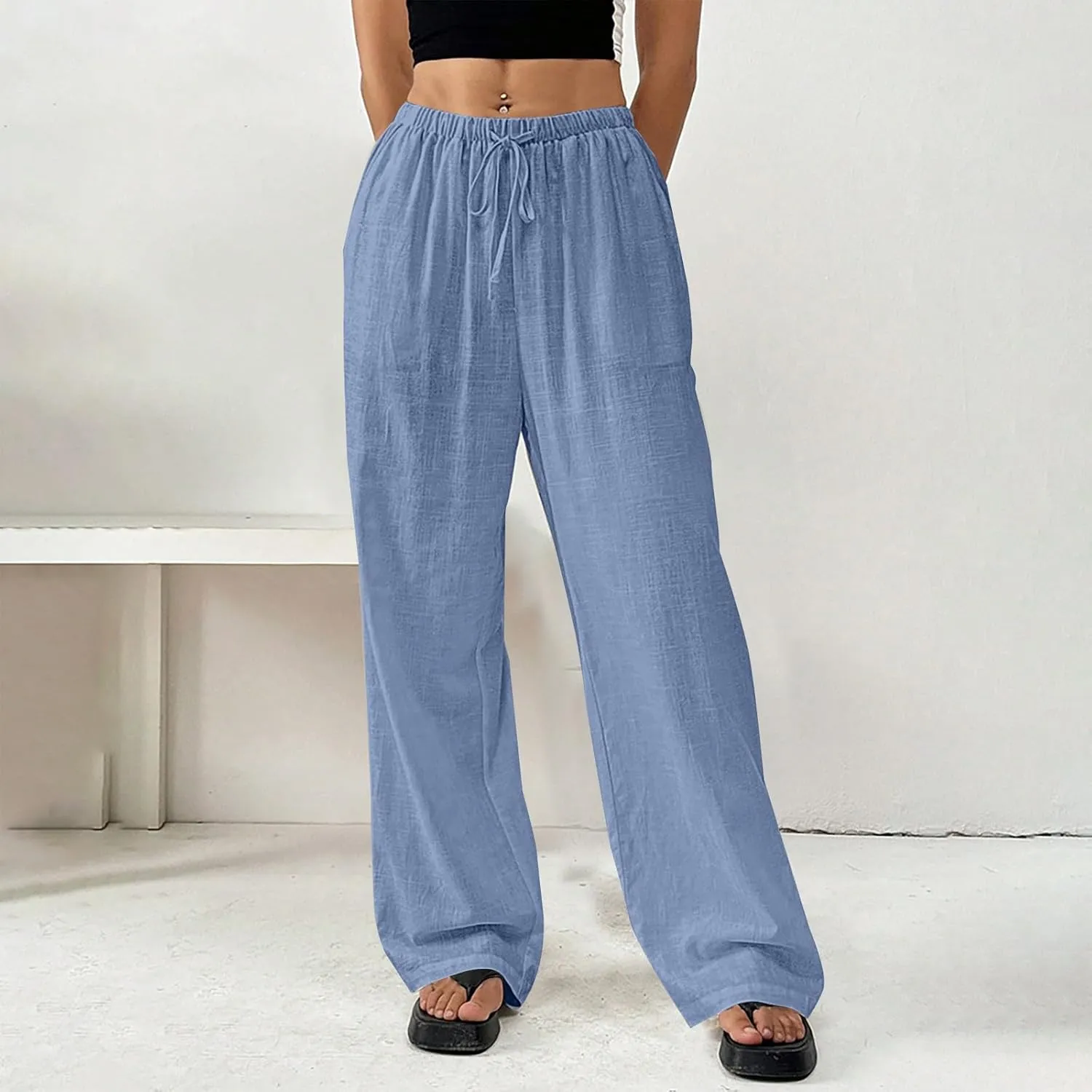 Linen Pants Women Summer Wide Leg High Waist Lounge Pant Plus Size Loose Casual Drawstring Beach Trousers with Pockets