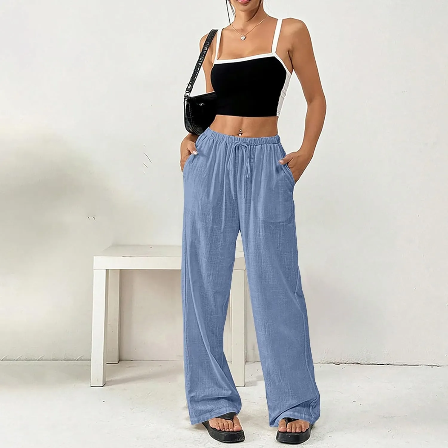 Linen Pants Women Summer Wide Leg High Waist Lounge Pant Plus Size Loose Casual Drawstring Beach Trousers with Pockets