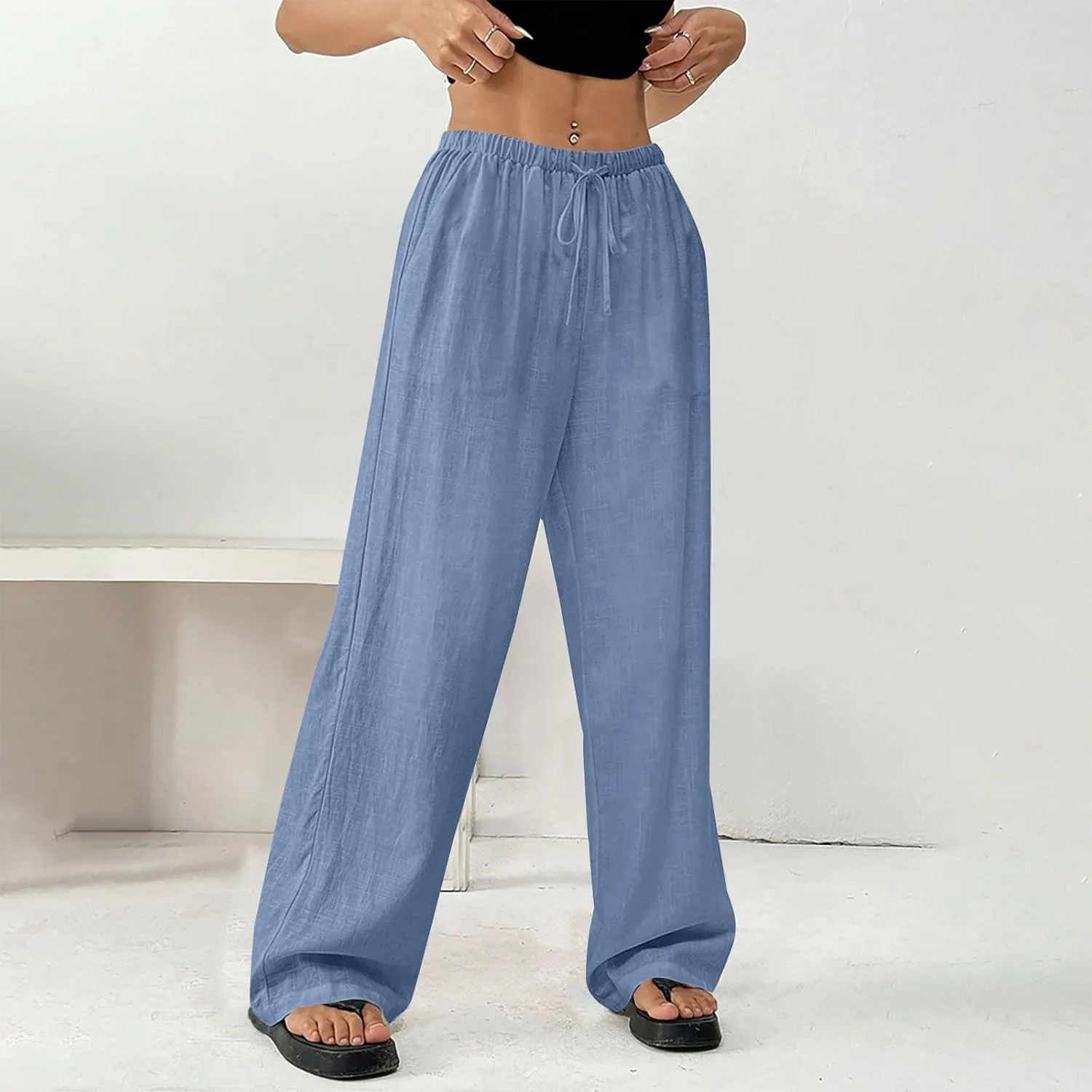Linen Pants Women Summer Wide Leg High Waist Lounge Pant Plus Size Loose Casual Drawstring Beach Trousers with Pockets