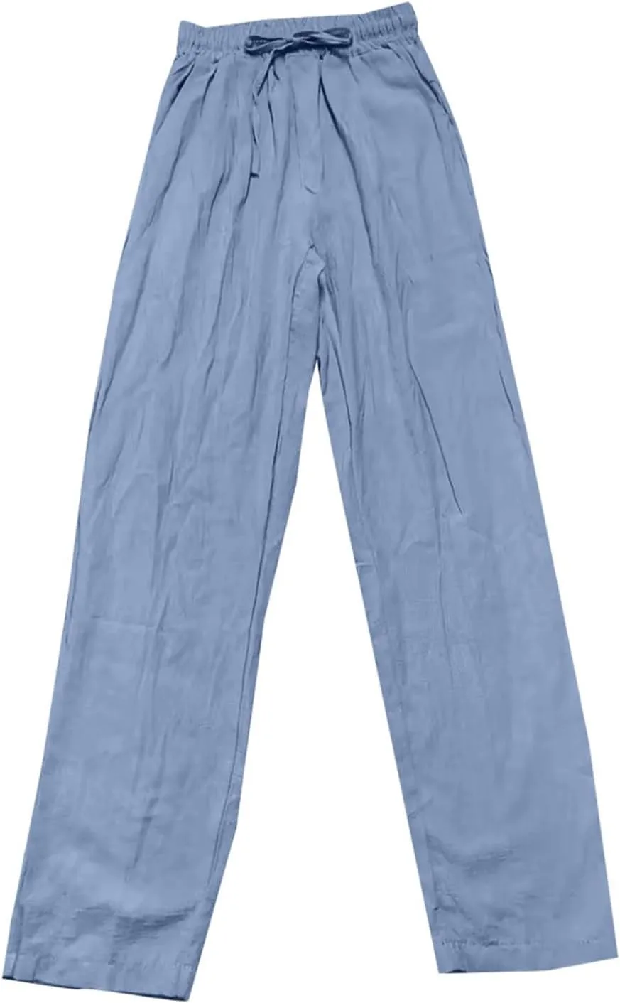 Linen Pants Women Summer Wide Leg High Waist Lounge Pant Plus Size Loose Casual Drawstring Beach Trousers with Pockets