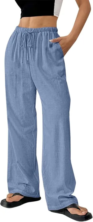 Linen Pants Women Summer Wide Leg High Waist Lounge Pant Plus Size Loose Casual Drawstring Beach Trousers with Pockets