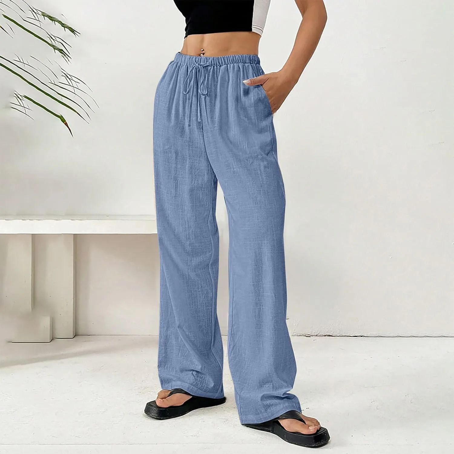 Linen Pants Women Summer Wide Leg High Waist Lounge Pant Plus Size Loose Casual Drawstring Beach Trousers with Pockets