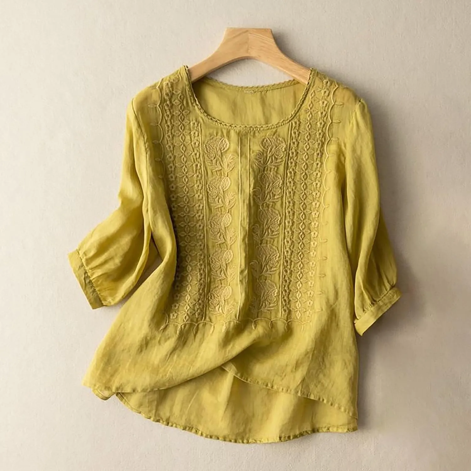 Linen Shirts for Women Summer 2025 Retro Embroidered 3/4 Sleeve Boho Tops Dressy Casual Blouses Teacher Loose Tunics