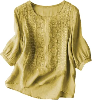 Linen Shirts for Women Summer 2025 Retro Embroidered 3/4 Sleeve Boho Tops Dressy Casual Blouses Teacher Loose Tunics