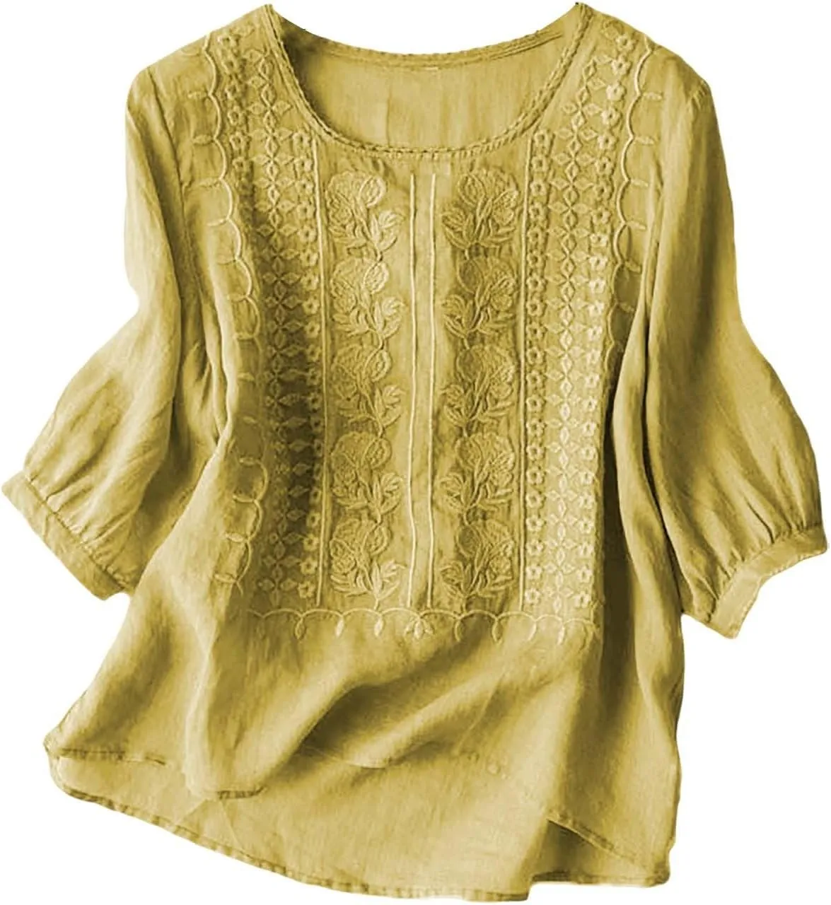 Linen Shirts for Women Summer 2025 Retro Embroidered 3/4 Sleeve Boho Tops Dressy Casual Blouses Teacher Loose Tunics