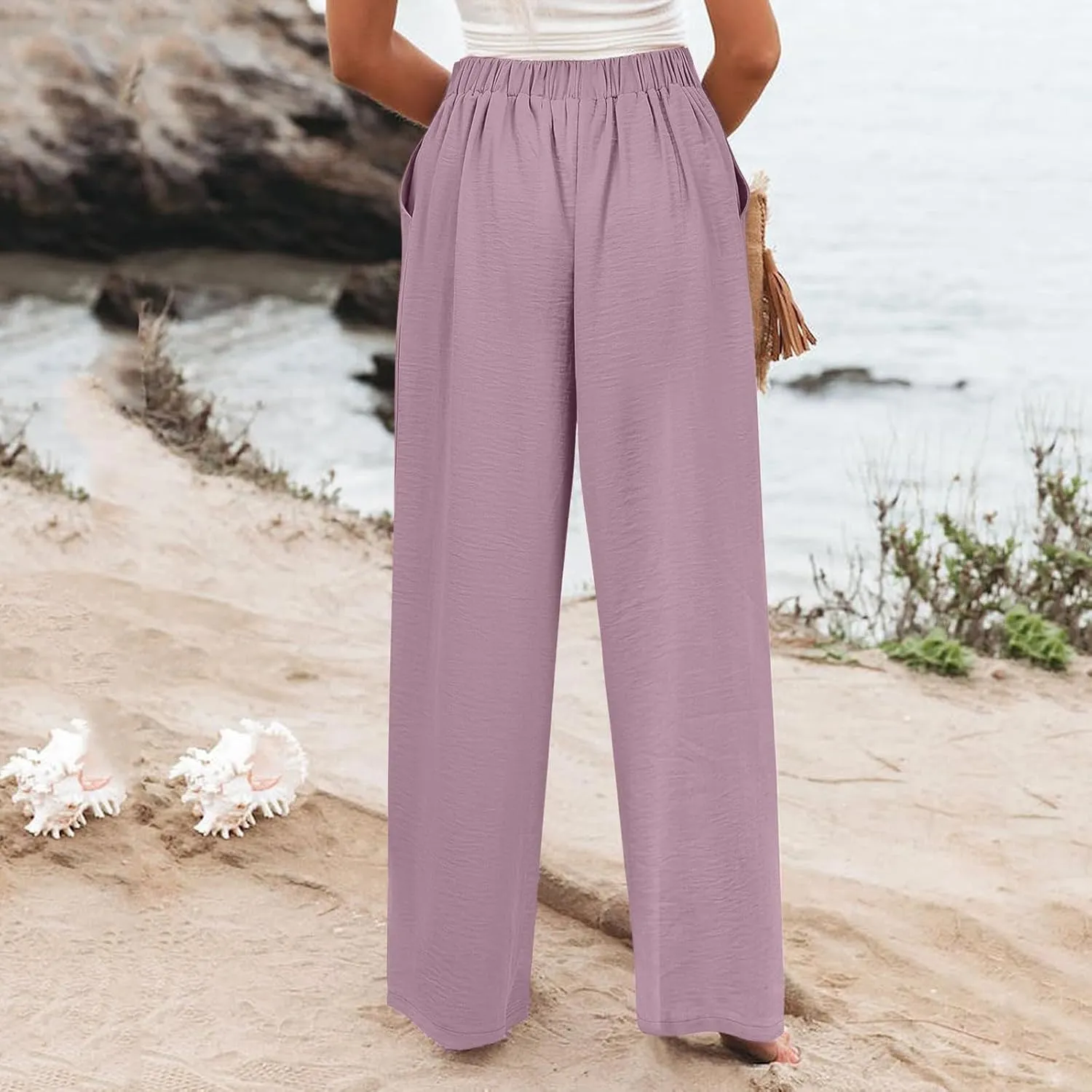 Linen Striped Pants Women Button Up Wide Leg Linen Pants Women Summer Casual Vintage Palazzo Pants with Pockets