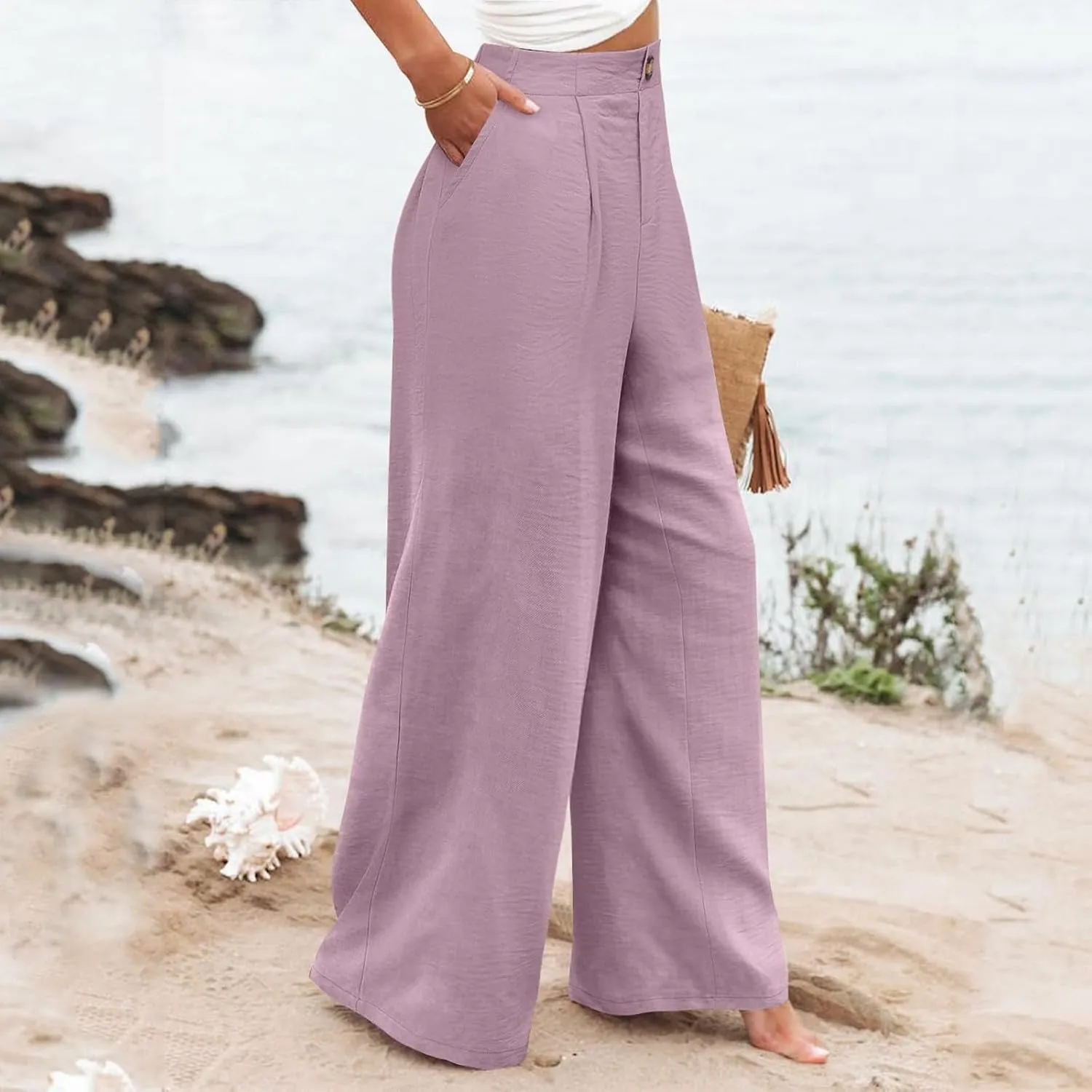 Linen Striped Pants Women Button Up Wide Leg Linen Pants Women Summer Casual Vintage Palazzo Pants with Pockets