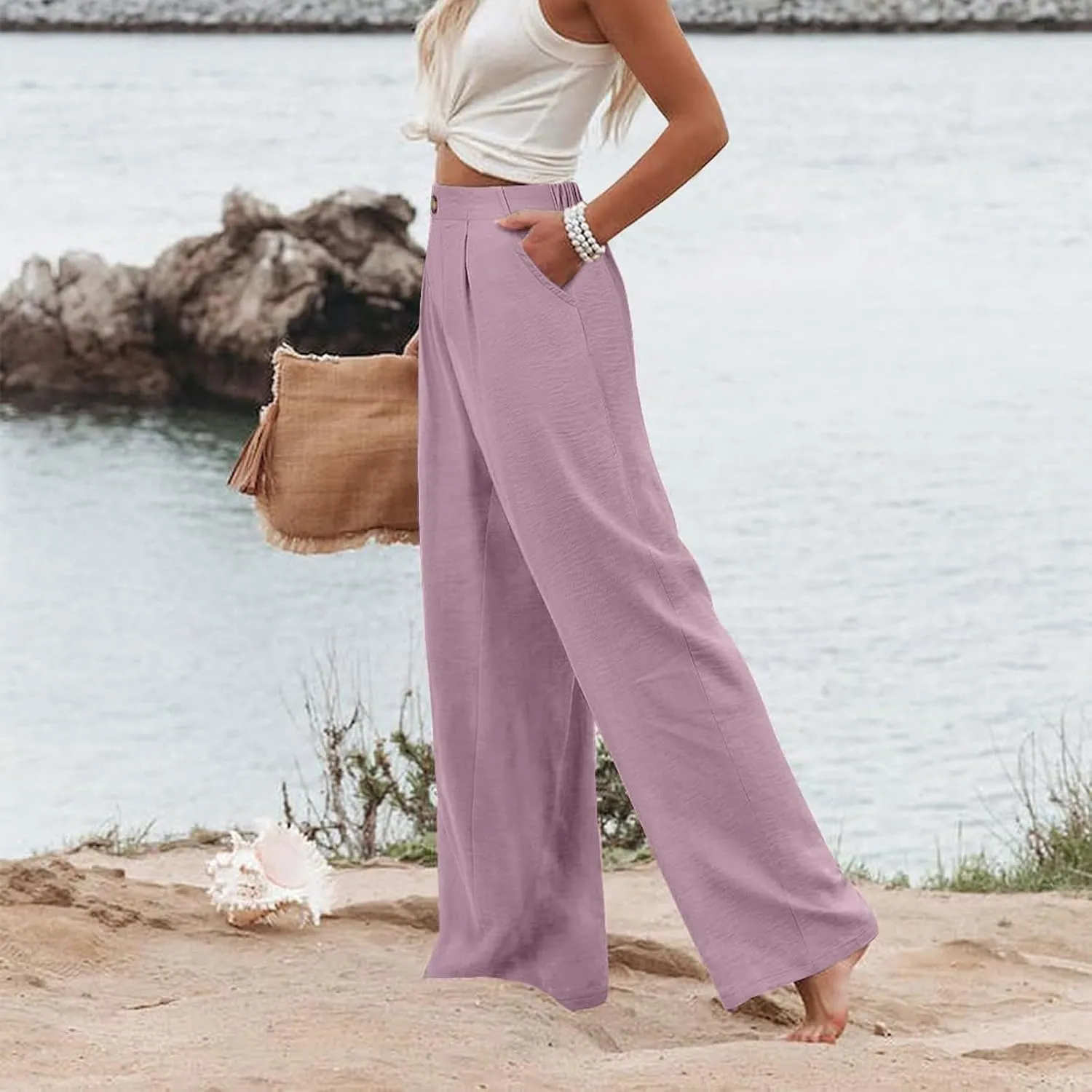 Linen Striped Pants Women Button Up Wide Leg Linen Pants Women Summer Casual Vintage Palazzo Pants with Pockets