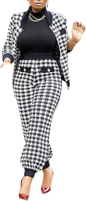 LKOUS 2 Piece Work Suits for Women's Houndstooth Print Buttons Open Front Long Sleeve Coat   Long Pants Casual Clothes