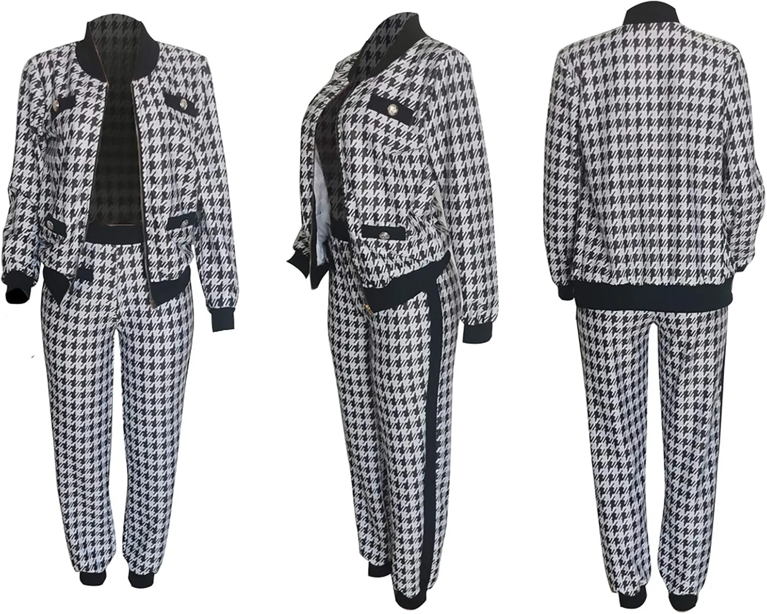 LKOUS 2 Piece Work Suits for Women's Houndstooth Print Buttons Open Front Long Sleeve Coat   Long Pants Casual Clothes