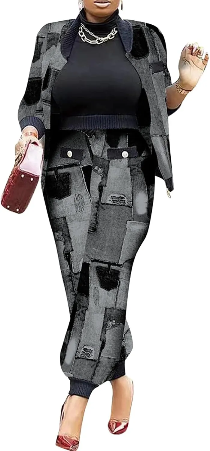 LKOUS 2 Piece Work Suits for Women's Houndstooth Print Buttons Open Front Long Sleeve Coat   Long Pants Casual Clothes
