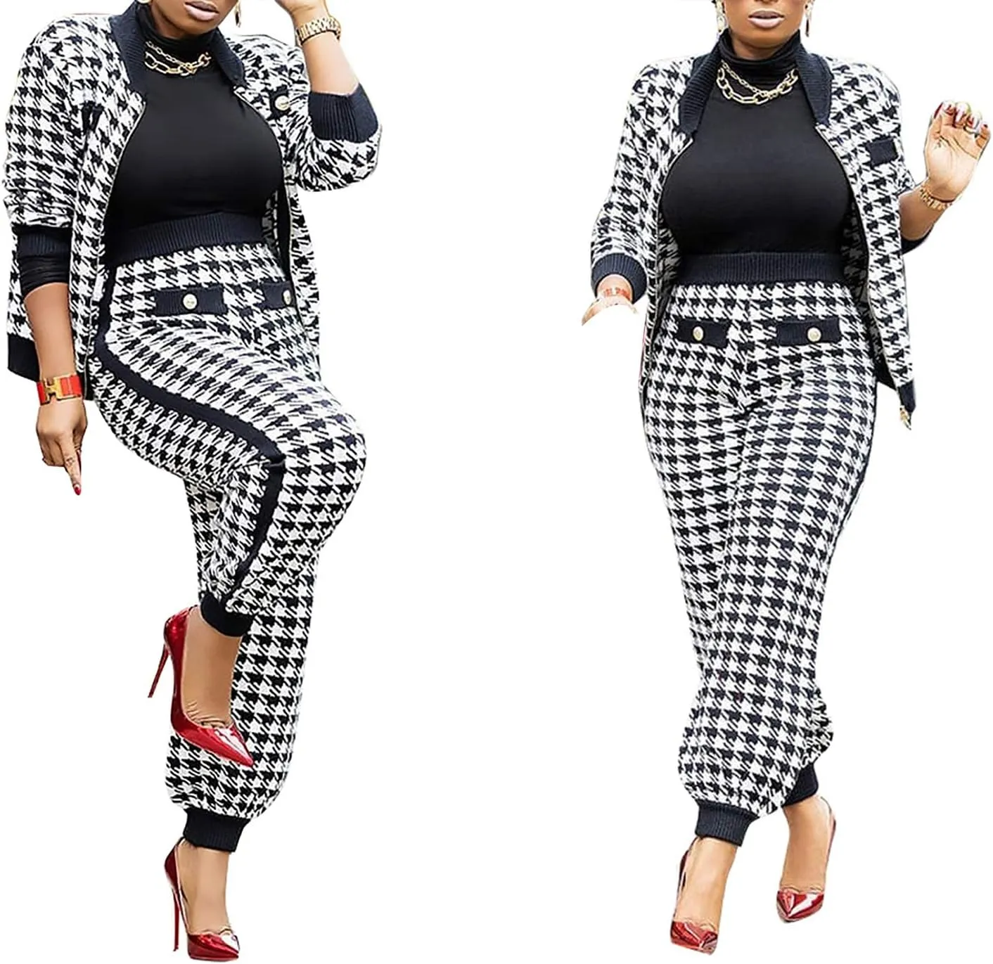 LKOUS 2 Piece Work Suits for Women's Houndstooth Print Buttons Open Front Long Sleeve Coat   Long Pants Casual Clothes