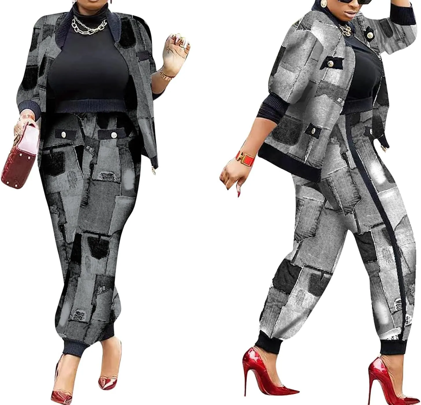 LKOUS 2 Piece Work Suits for Women's Houndstooth Print Buttons Open Front Long Sleeve Coat   Long Pants Casual Clothes