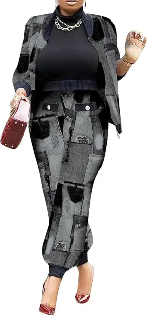 LKOUS 2 Piece Work Suits for Women's Houndstooth Print Buttons Open Front Long Sleeve Coat   Long Pants Casual Clothes