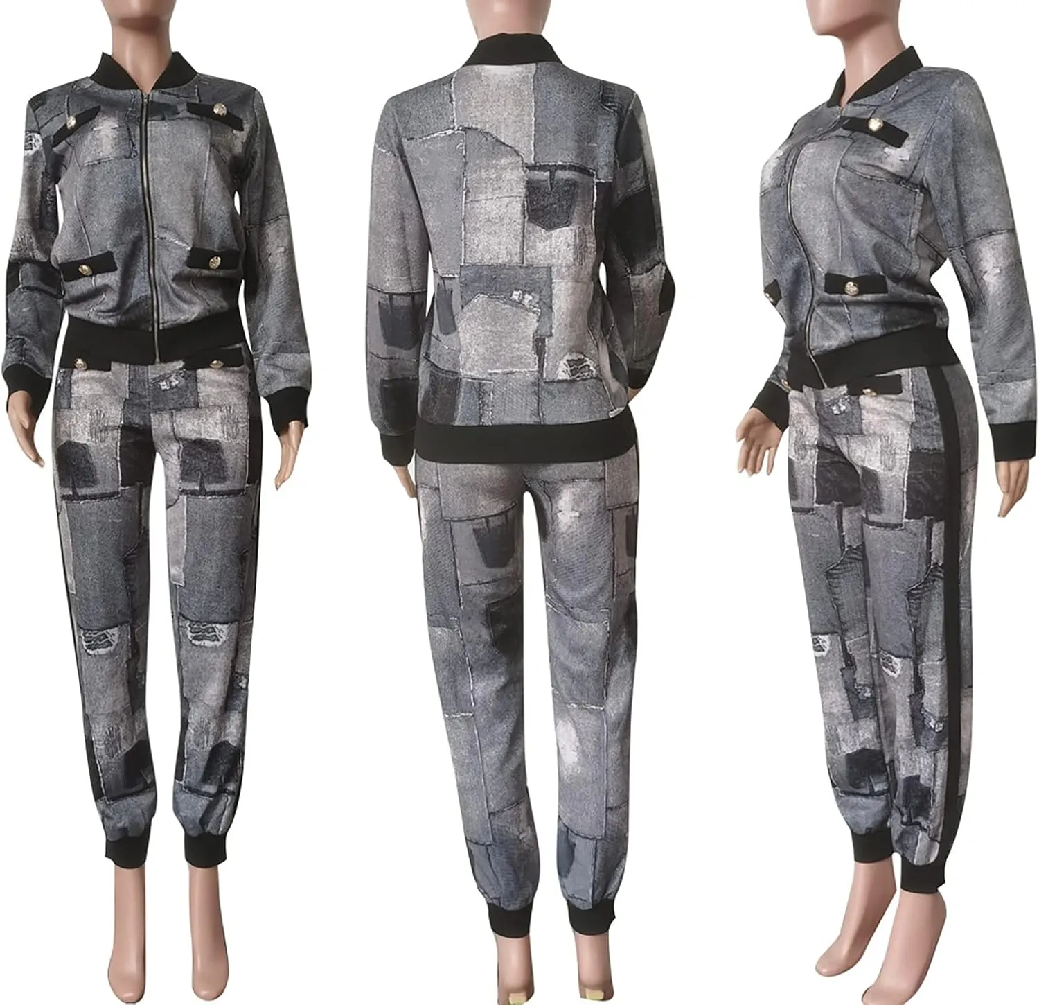 LKOUS 2 Piece Work Suits for Women's Houndstooth Print Buttons Open Front Long Sleeve Coat   Long Pants Casual Clothes