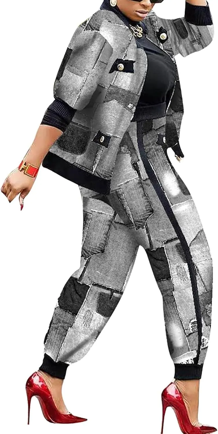 LKOUS 2 Piece Work Suits for Women's Houndstooth Print Buttons Open Front Long Sleeve Coat   Long Pants Casual Clothes