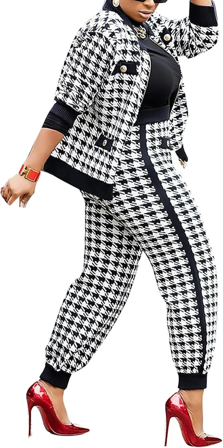 LKOUS 2 Piece Work Suits for Women's Houndstooth Print Buttons Open Front Long Sleeve Coat   Long Pants Casual Clothes