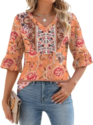 LOMON 3/4 Length Sleeve Womens Tops Summer Loose V-Neck Eyelet T-Shirts Dressy Casual Ruffle Sleeve Tunic Blouses