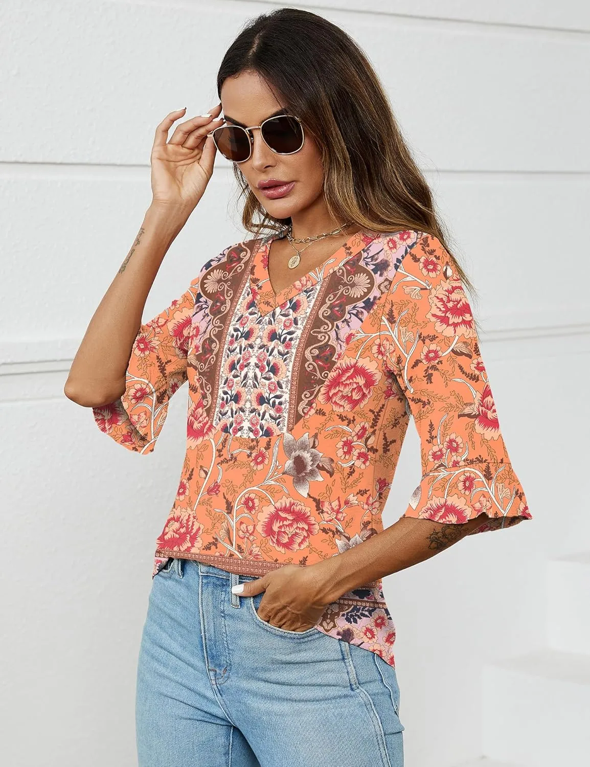 LOMON 3/4 Length Sleeve Womens Tops Summer Loose V-Neck Eyelet T-Shirts Dressy Casual Ruffle Sleeve Tunic Blouses