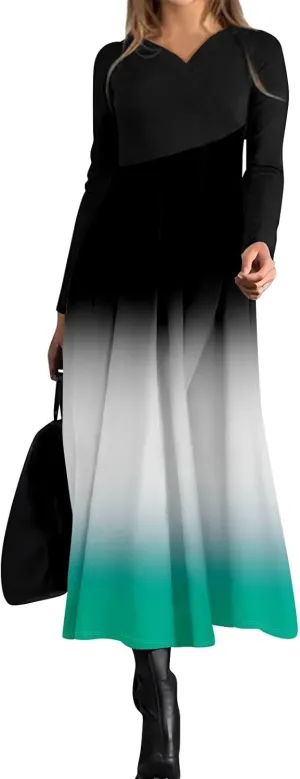 Long Sleeve Midi Dress for Women Formal Plus Size Fall Winter Casual Wedding Guest Cocktail Swing Long Dresses