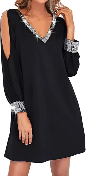 Long Sleeve Women's Cold Shoulder Dress V Neck Patchwork Sequin Casual Swing Tunic T-Shirt Dresses Semi Formal Dress Women