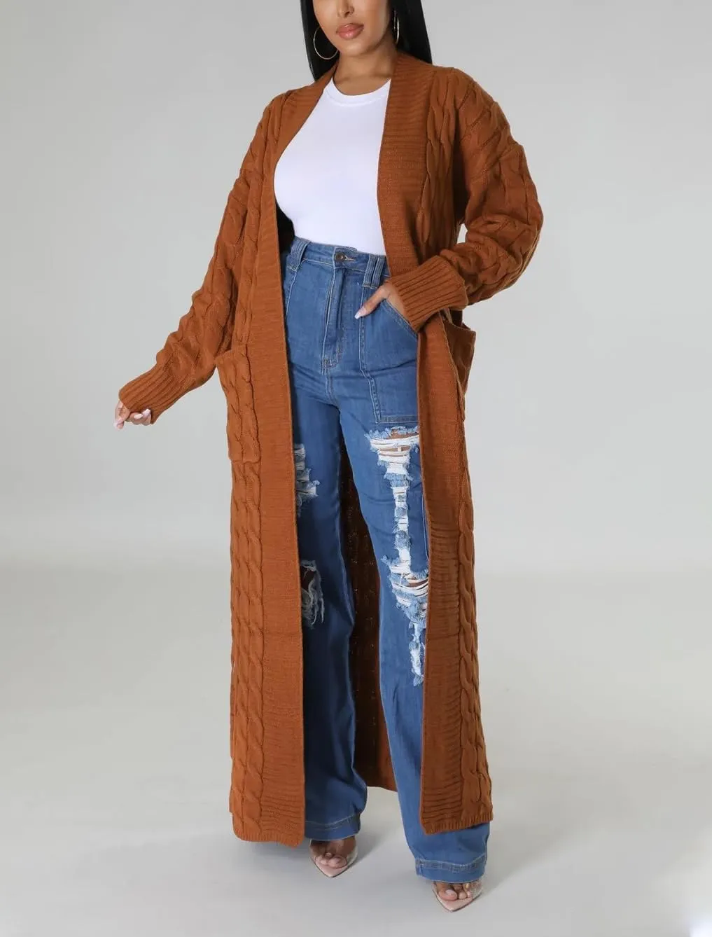 Long Sweaters for Women Cardigan Open Front Long Sleeve Plus Size Chunky Cable Knit Duster Cardigans with Pockets Winter Coat