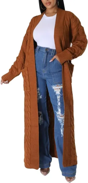 Long Sweaters for Women Cardigan Open Front Long Sleeve Plus Size Chunky Cable Knit Duster Cardigans with Pockets Winter Coat
