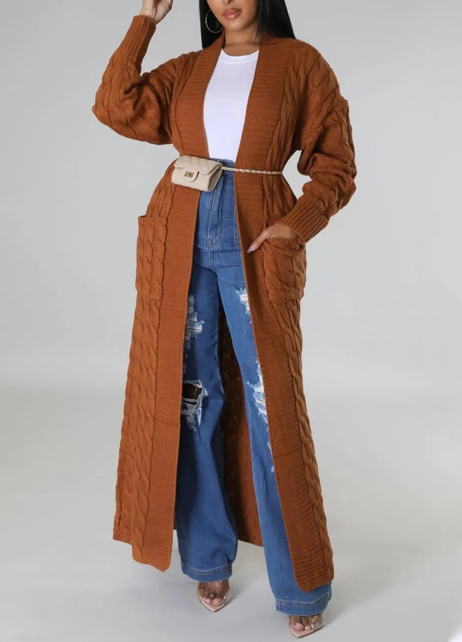 Long Sweaters for Women Cardigan Open Front Long Sleeve Plus Size Chunky Cable Knit Duster Cardigans with Pockets Winter Coat