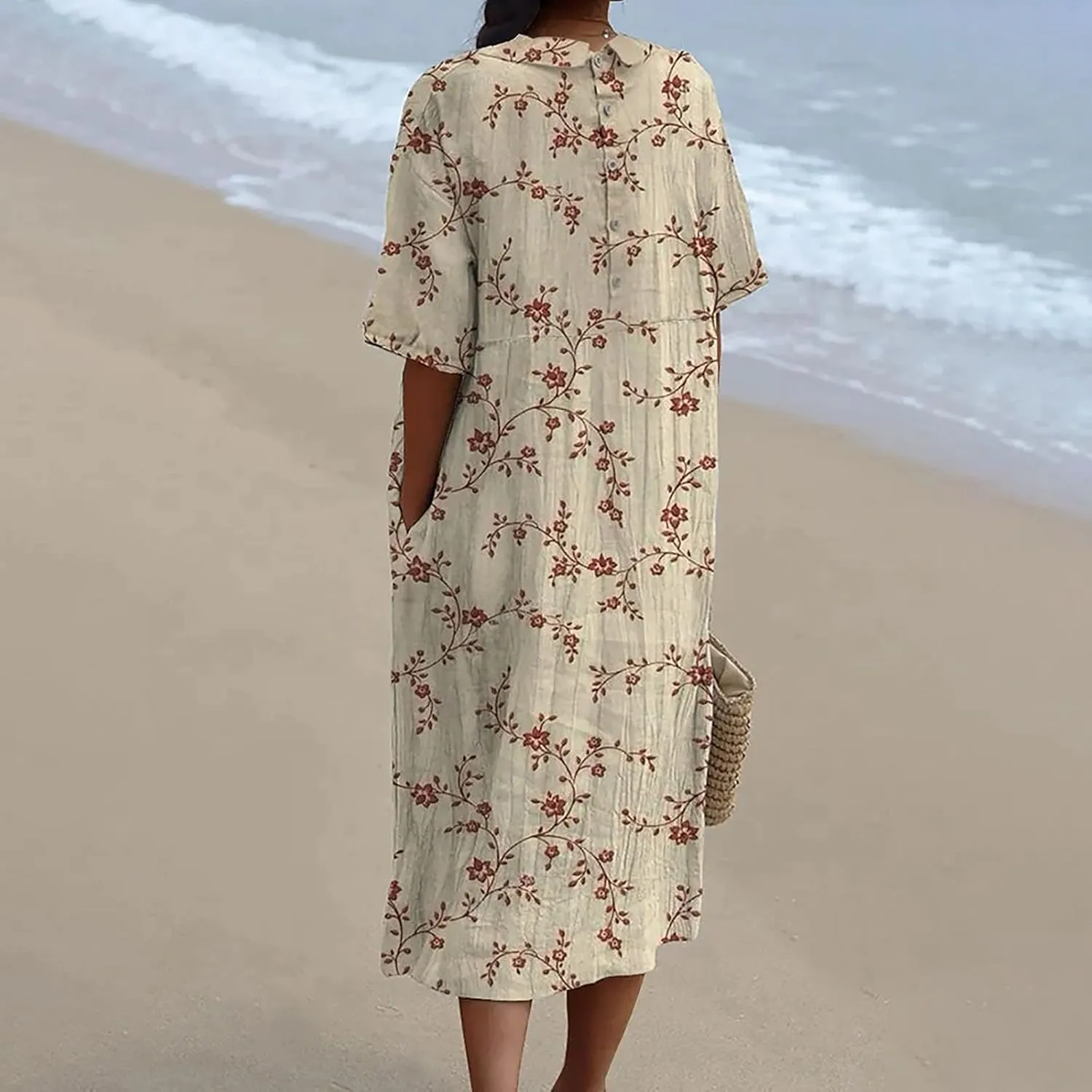 Loose Dress for Women, Retro Cute Printed Summer Sundress with Pockets Cotton Linen Plus Size Beach Casual Outfits