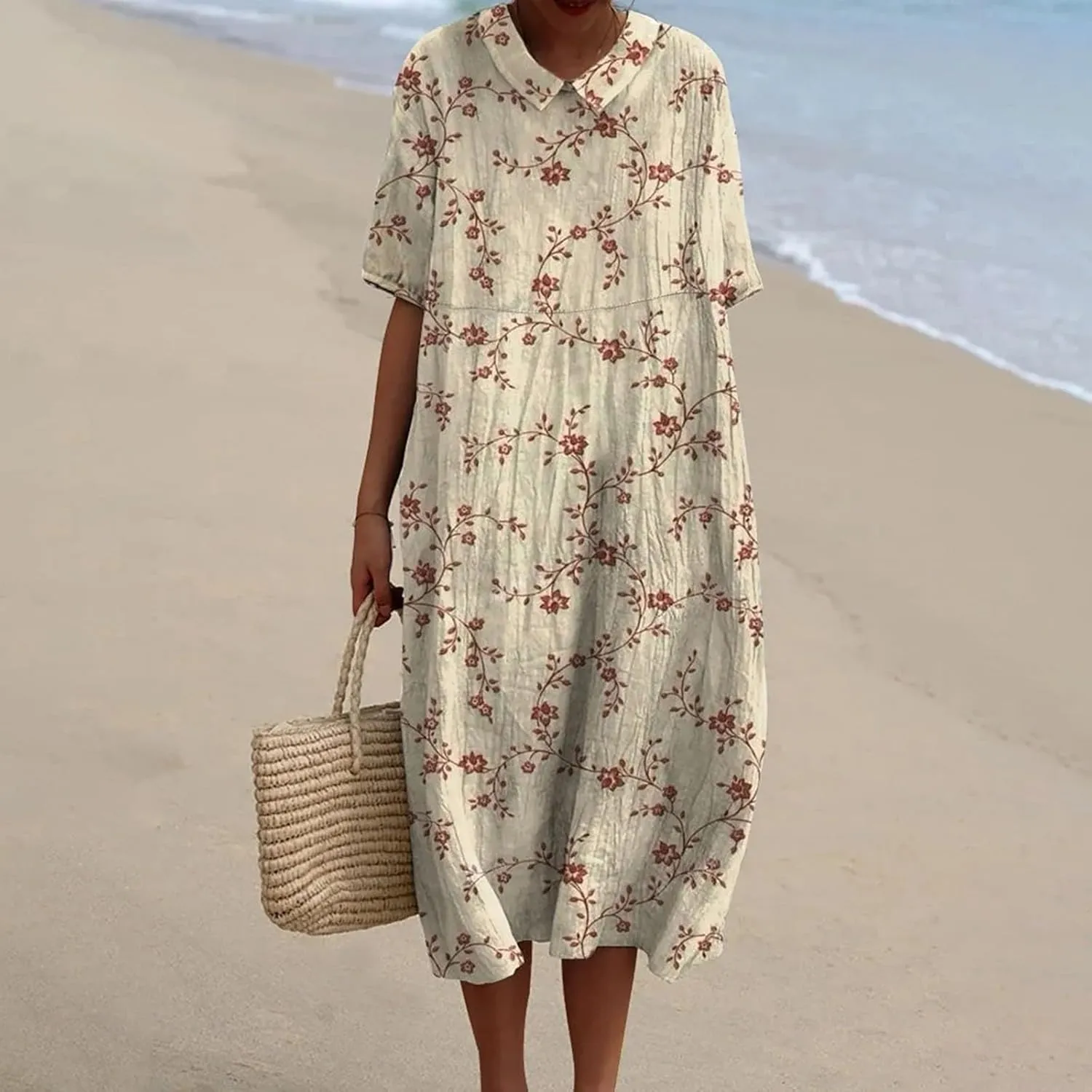 Loose Dress for Women, Retro Cute Printed Summer Sundress with Pockets Cotton Linen Plus Size Beach Casual Outfits
