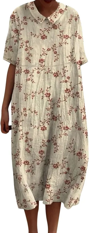 Loose Dress for Women, Retro Cute Printed Summer Sundress with Pockets Cotton Linen Plus Size Beach Casual Outfits
