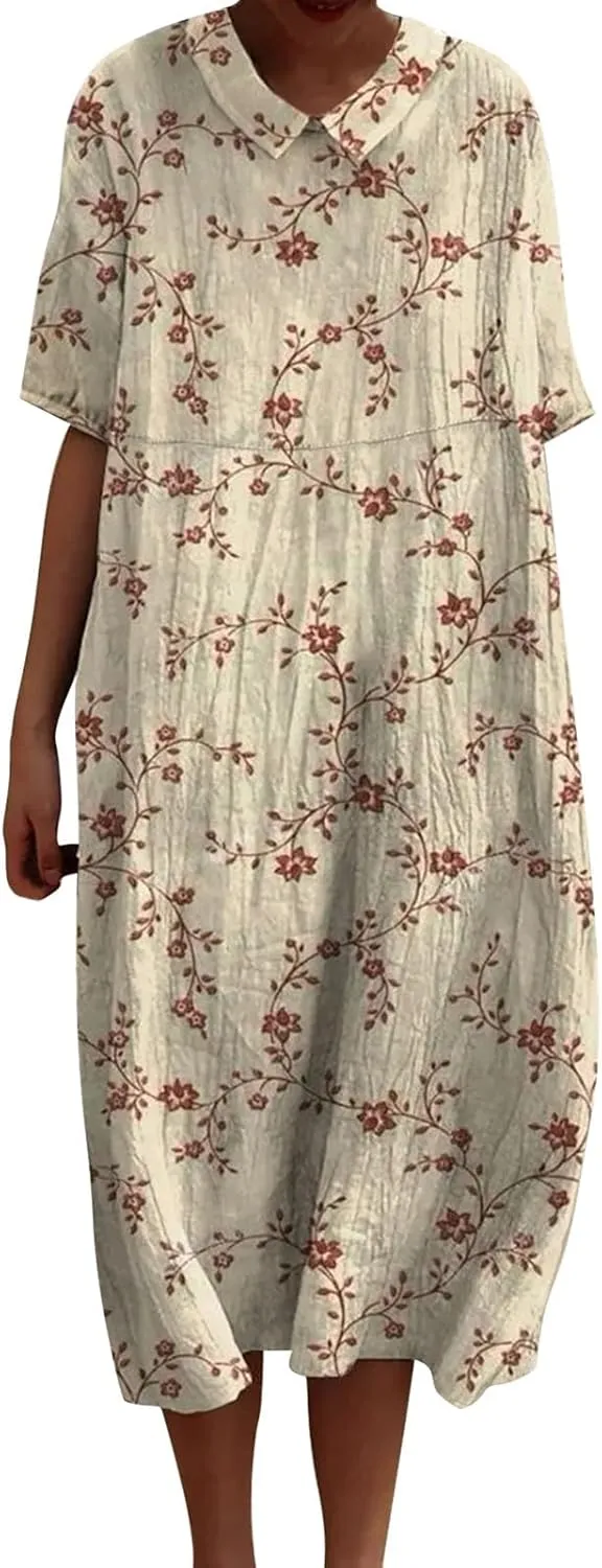 Loose Dress for Women, Retro Cute Printed Summer Sundress with Pockets Cotton Linen Plus Size Beach Casual Outfits