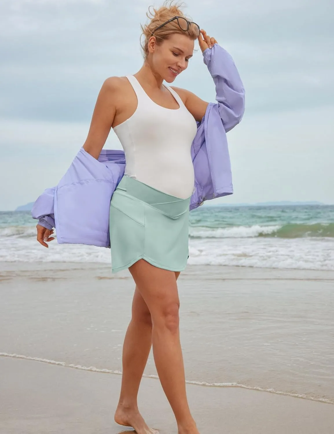 Maacie Maternity Tennis Golf Skorts Built-in Short with Pockets Cross Waist Low-Rise