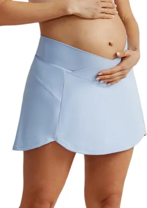 Maacie Maternity Tennis Golf Skorts Built-in Short with Pockets Cross Waist Low-Rise