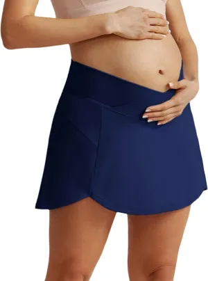 Maacie Maternity Tennis Golf Skorts Built-in Short with Pockets Cross Waist Low-Rise