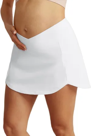 Maacie Maternity Tennis Golf Skorts Built-in Short with Pockets Cross Waist Low-Rise