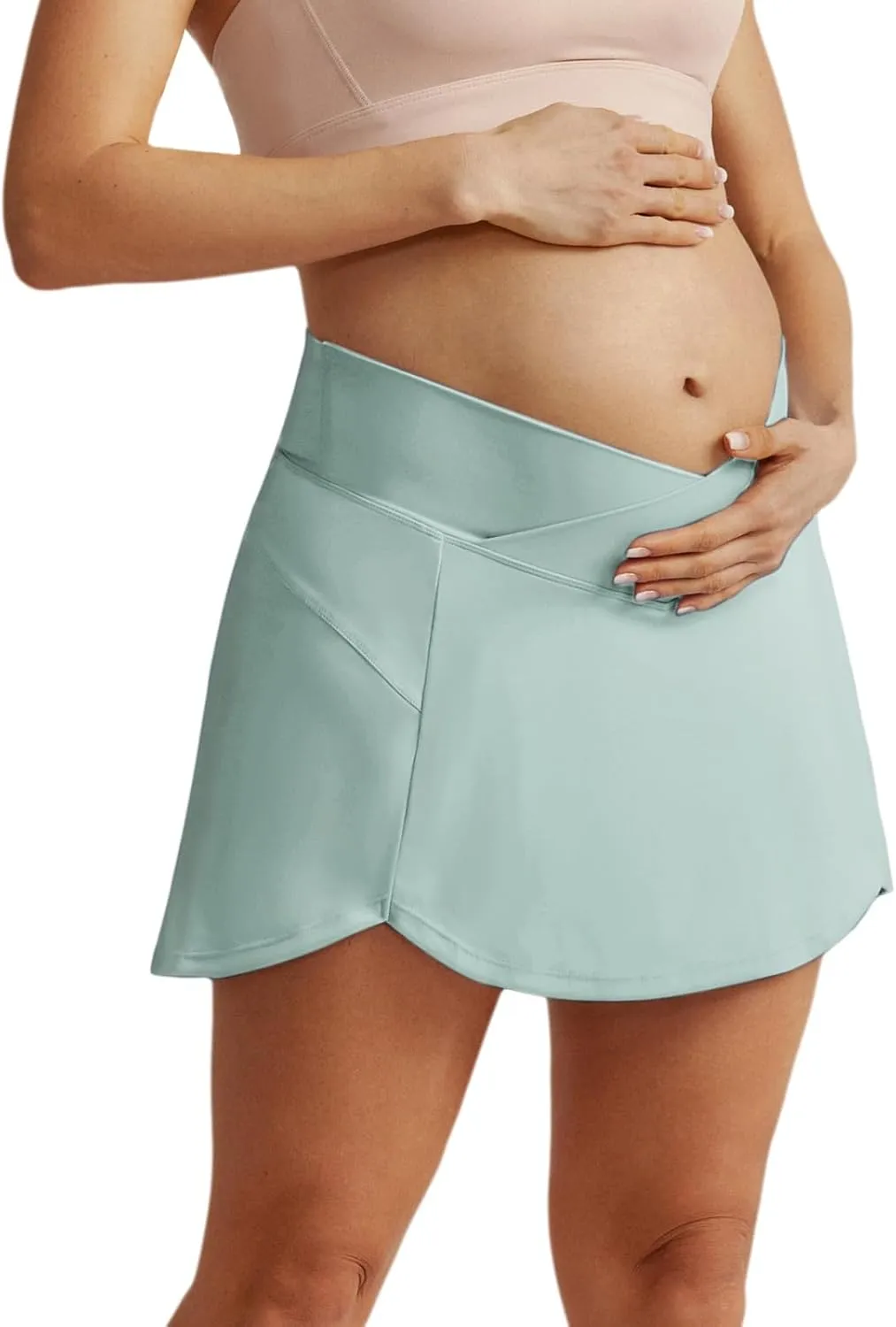Maacie Maternity Tennis Golf Skorts Built-in Short with Pockets Cross Waist Low-Rise