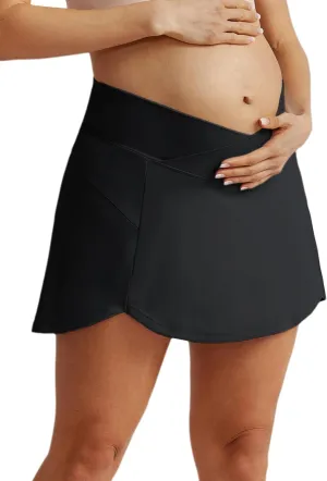 Maacie Maternity Tennis Golf Skorts Built-in Short with Pockets Cross Waist Low-Rise