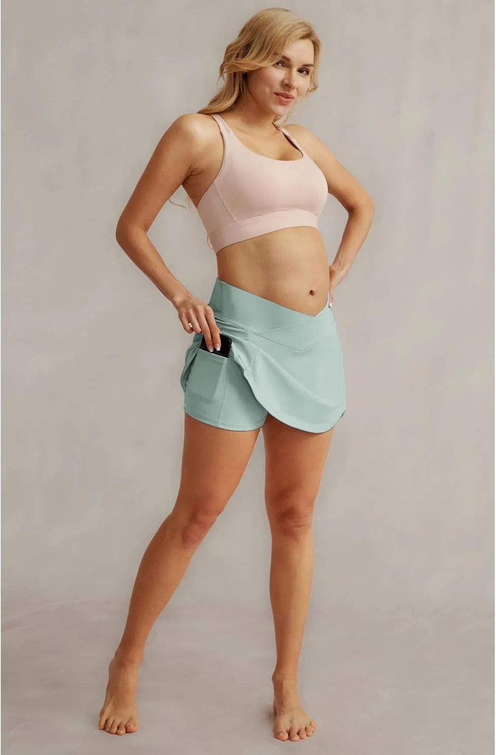 Maacie Maternity Tennis Golf Skorts Built-in Short with Pockets Cross Waist Low-Rise