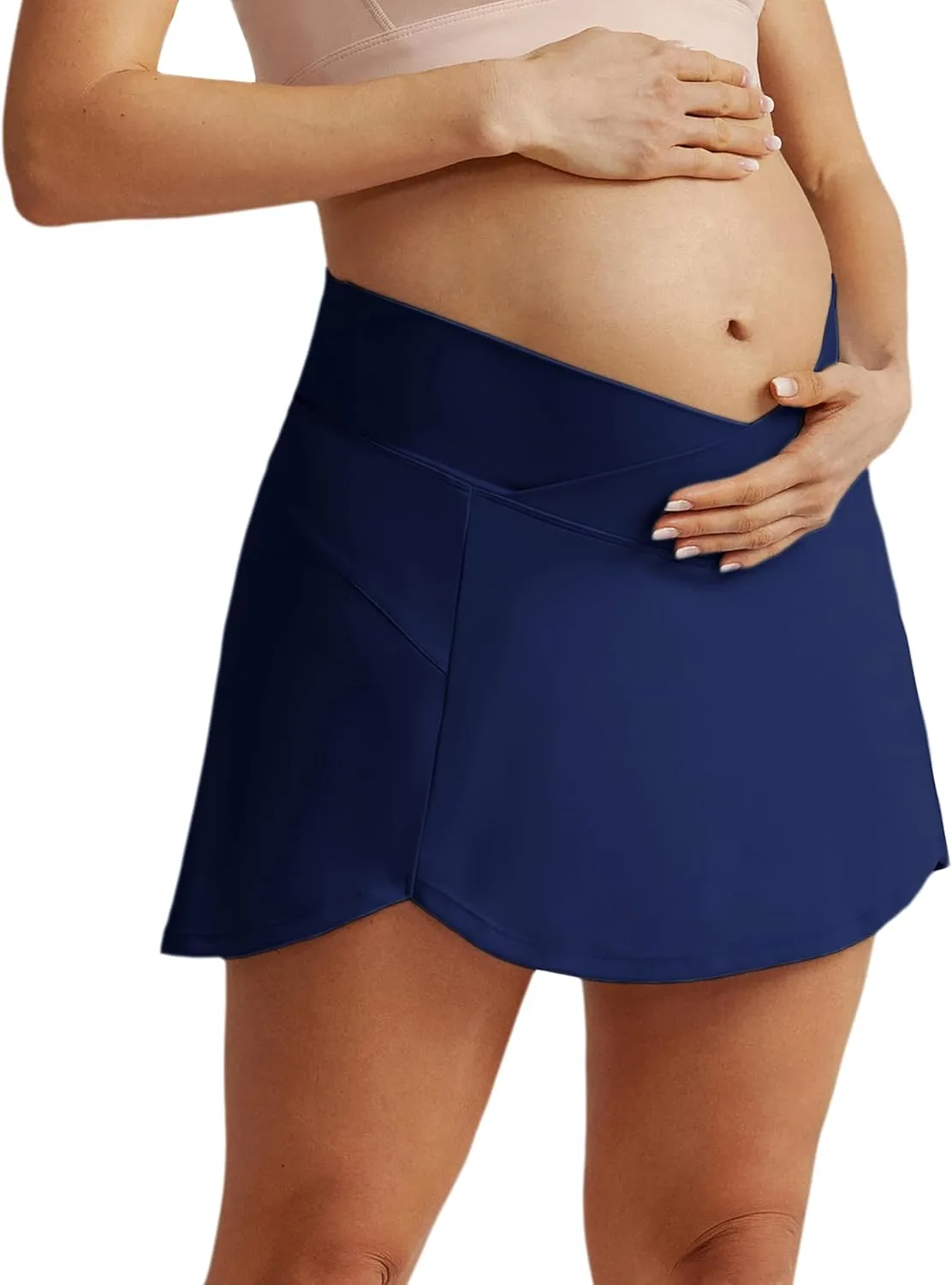 Maacie Maternity Tennis Golf Skorts Built-in Short with Pockets Cross Waist Low-Rise