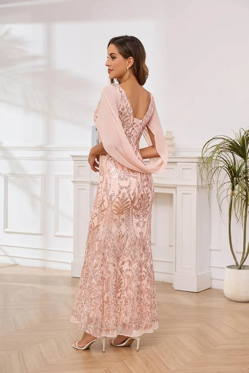 MAGGCIF Sequin Mother of The Bride Dresses for Wedding with Cape Sleeves Chiffon Mermaid Evening Formal Wedding Dress
