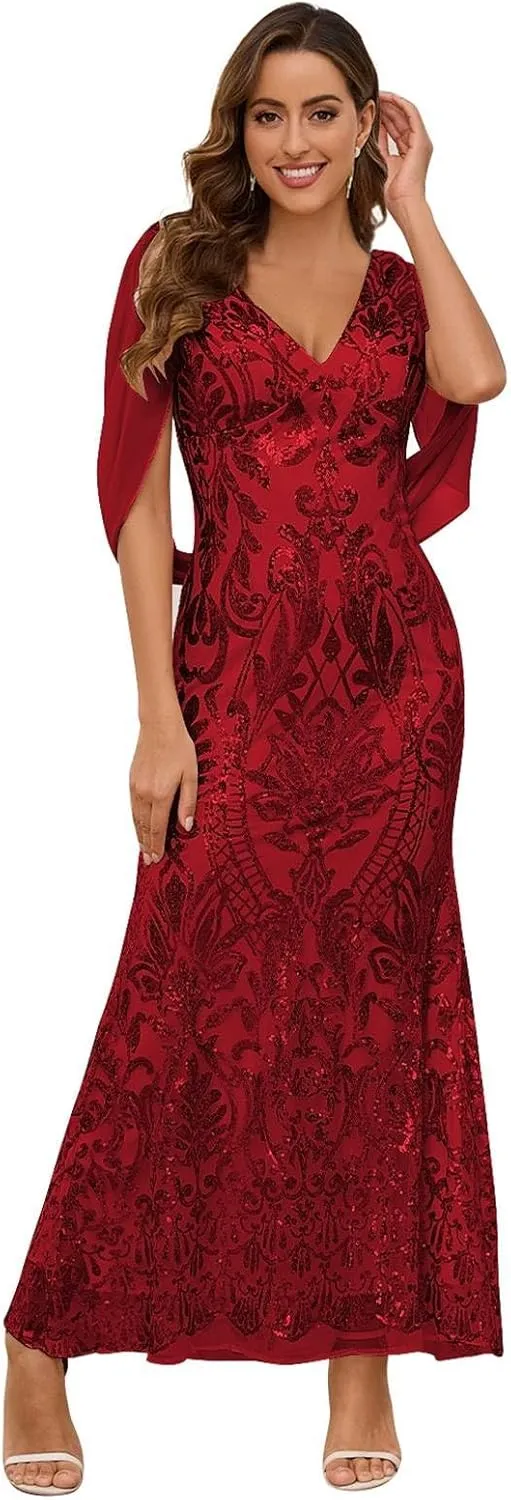 MAGGCIF Sequin Mother of The Bride Dresses for Wedding with Cape Sleeves Chiffon Mermaid Evening Formal Wedding Dress