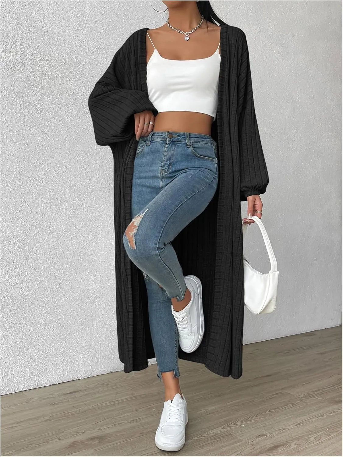 MakeMeChic Women's Casual Solid Long Sleeve Open Front Cardigans Rib Knitted Long Coat